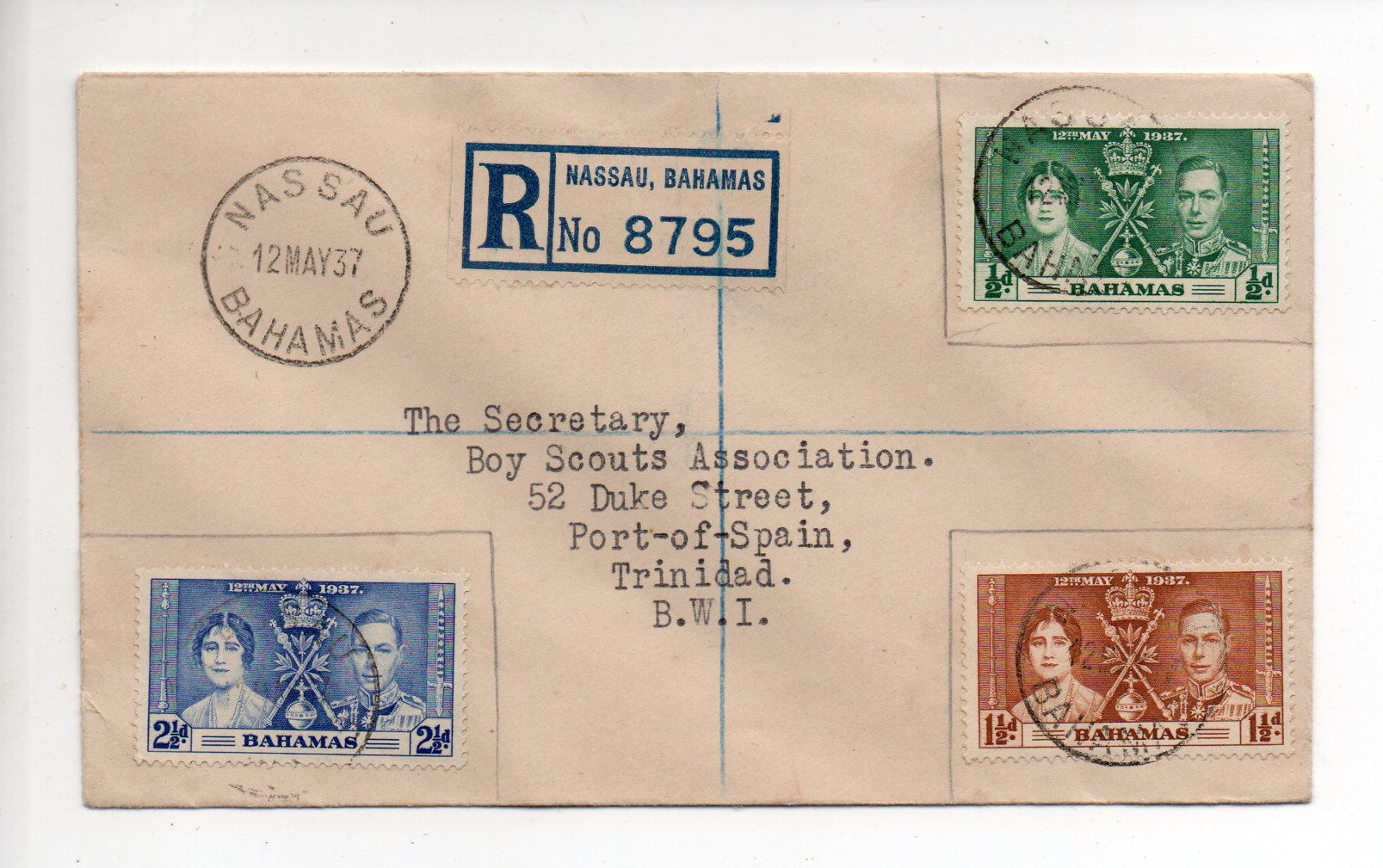 Bahamas 1937 Coronation registered coverBackstamped New York