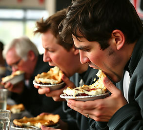 row of people doing a pie eating contest, faces in the pie.jpg