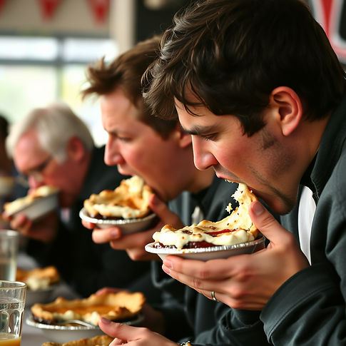row of people doing a pie eating contest, faces in the pie.jpg