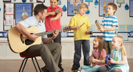 Kinder musizieren mit Lehrer