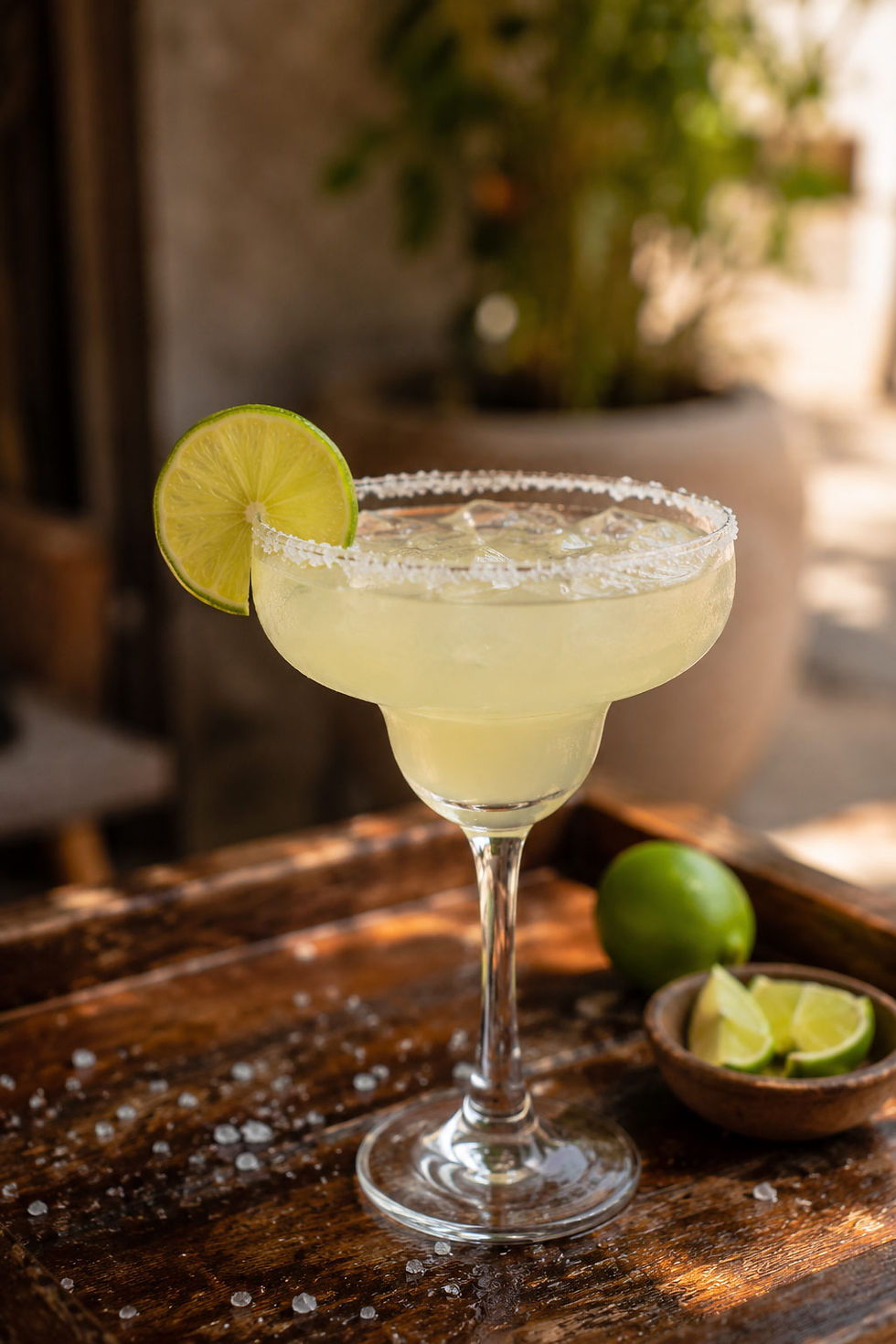 Traditional Mexican margarita served in a salt-rimmed glass with fresh lime, photographed on a rustic wooden table in Cancun.