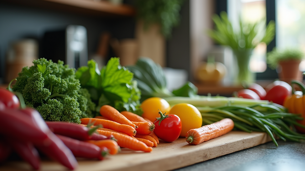 Close-up view of fresh local ingredients on a kitchen counter