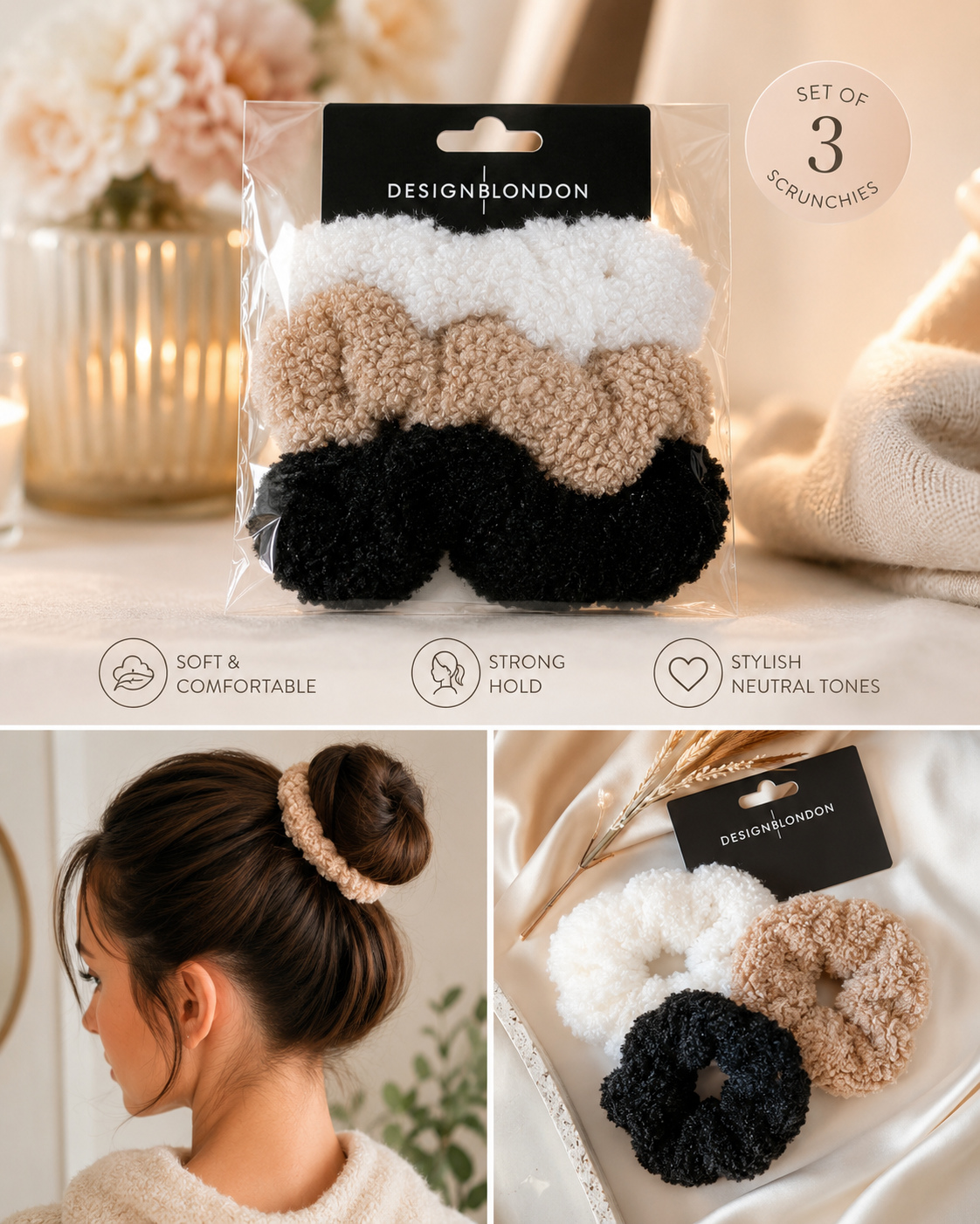 DesignB Teddy Fleece Scrunchie Set – 3 Pack