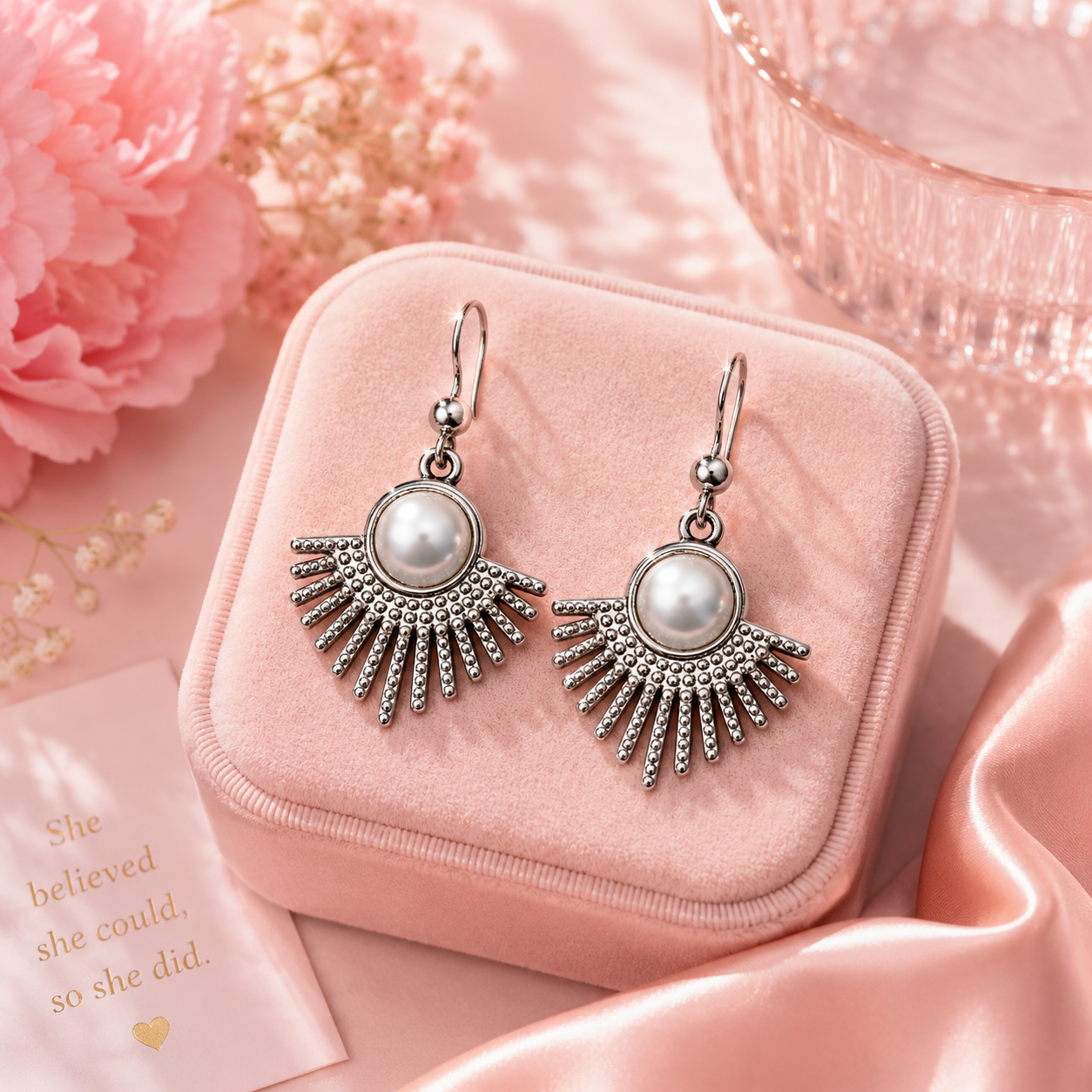 Silver Tone Sunburst Drop Earrings with Pearl Detail