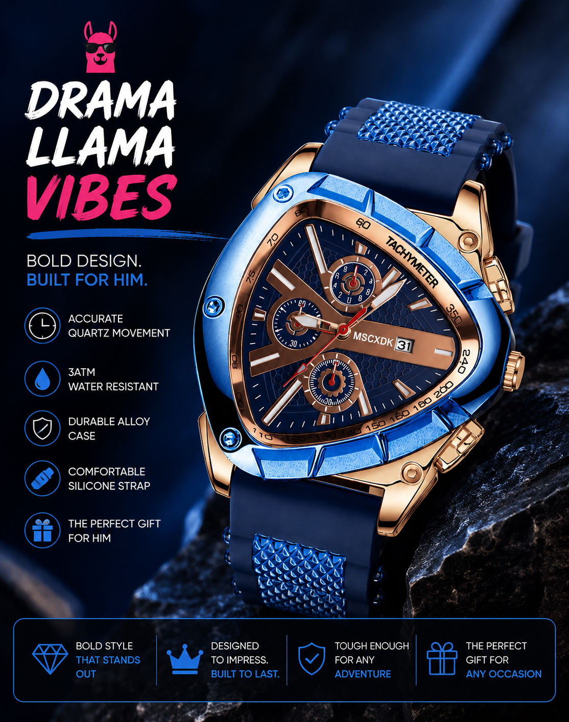 Men’s Bold Blue & Rose Gold Quartz Sports Watch