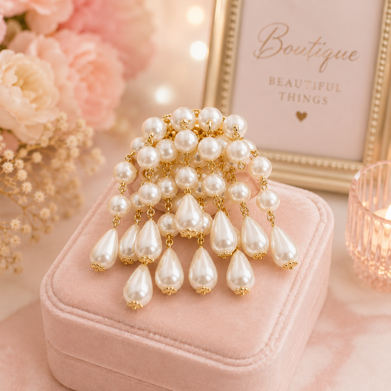 Vintage Gold & Pearl Cascade Brooch – Elegant Teardrop Design