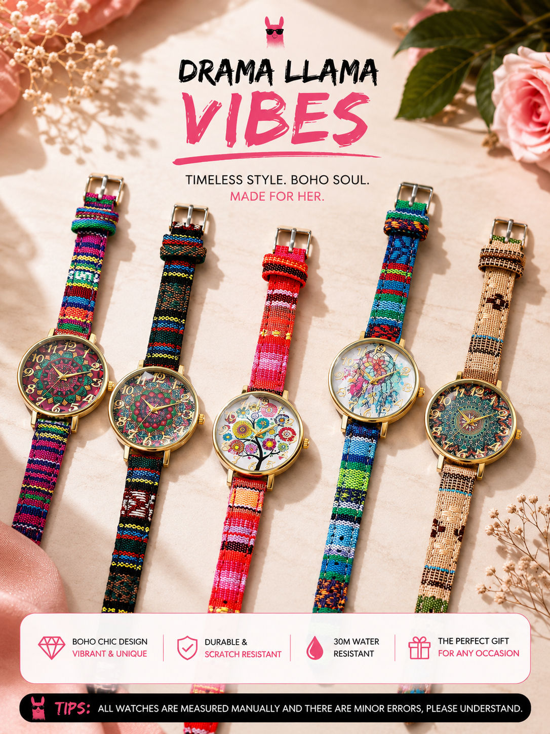 Women’s Boho Mandala Quartz Watch – Woven Fabric Strap – 5 Designs