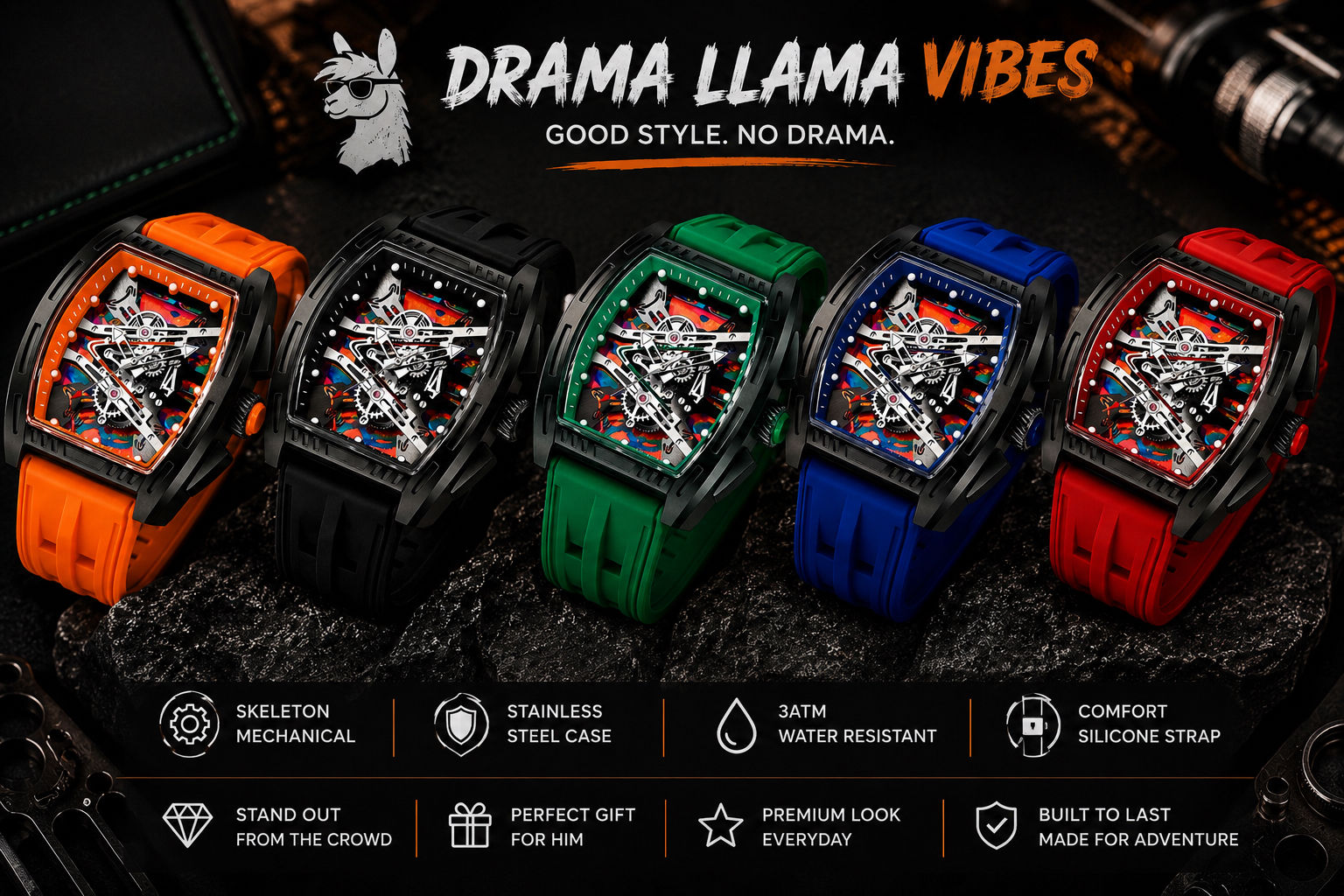 Men’s Skeleton Mechanical Watch – Bold Square Sports Watch | 5 Colours