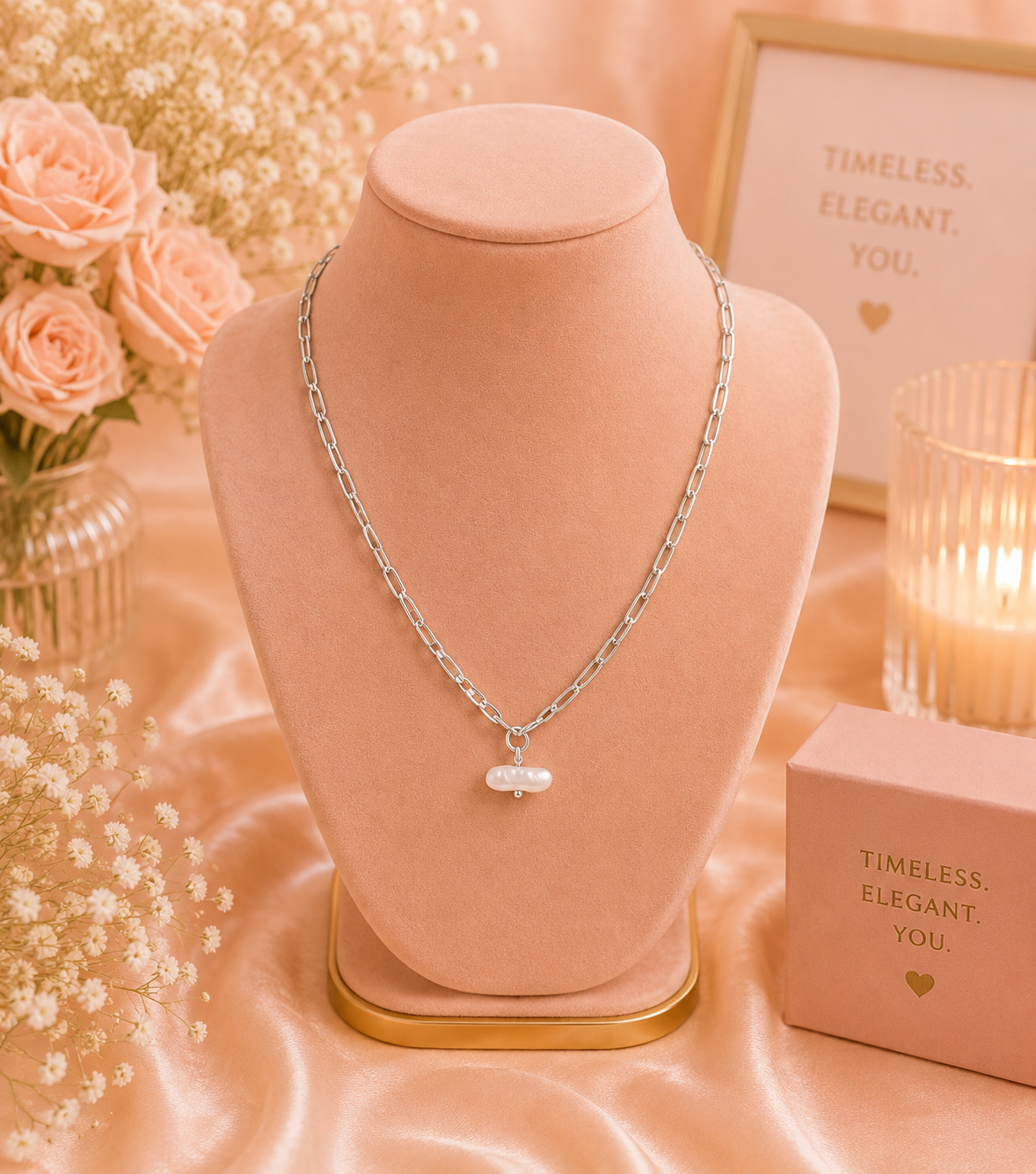 Silver Tone Figaro Chain & Baroque Pearl-Style Necklace