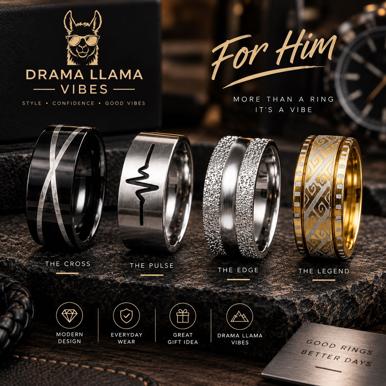 Men’s Stainless Steel Statement Rings – Size 17 | Choice of 4 Designs