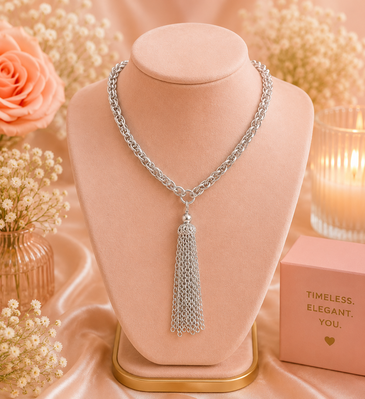 Silver Chain Tassel Statement Necklace