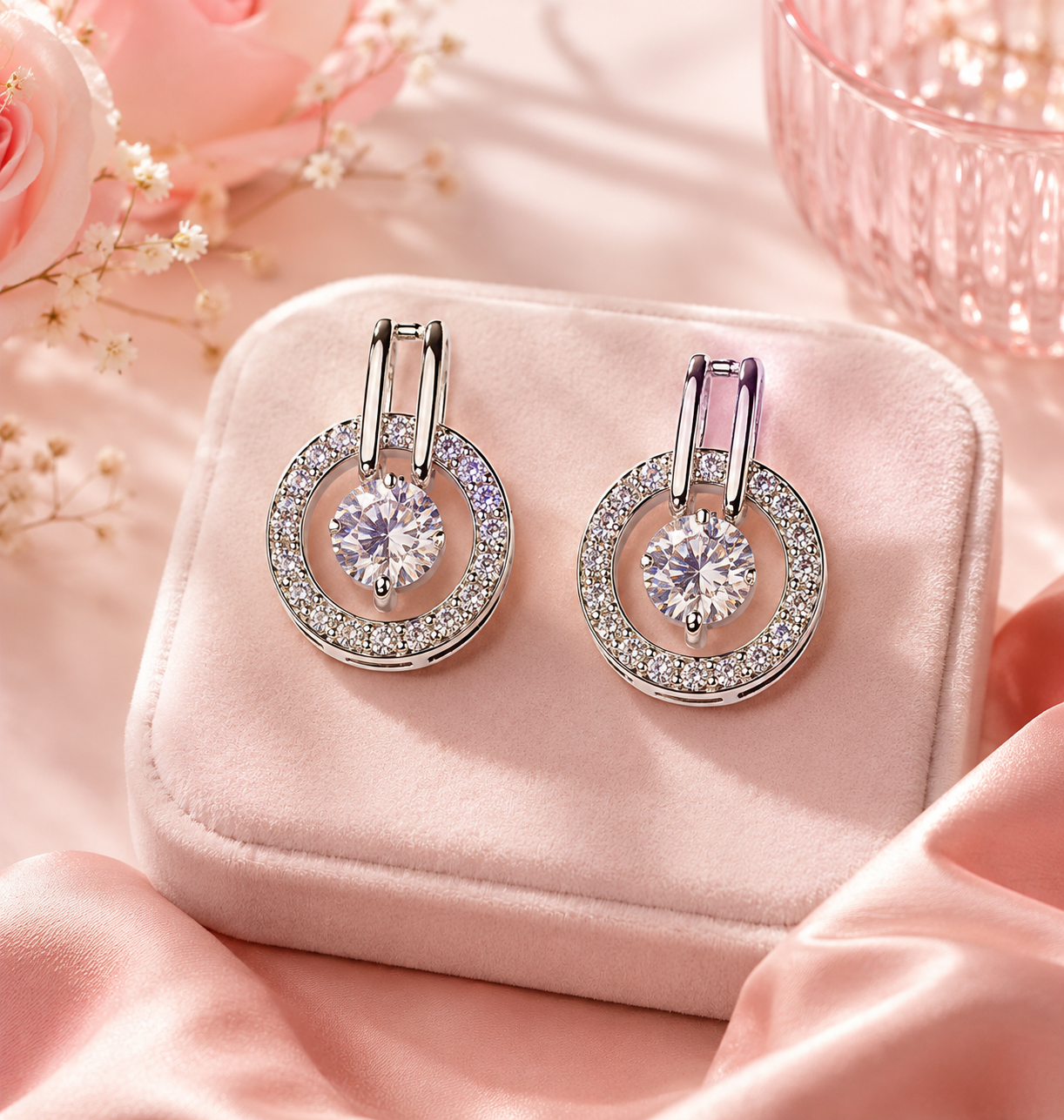 Silver Tone Crystal Circle Drop Earrings