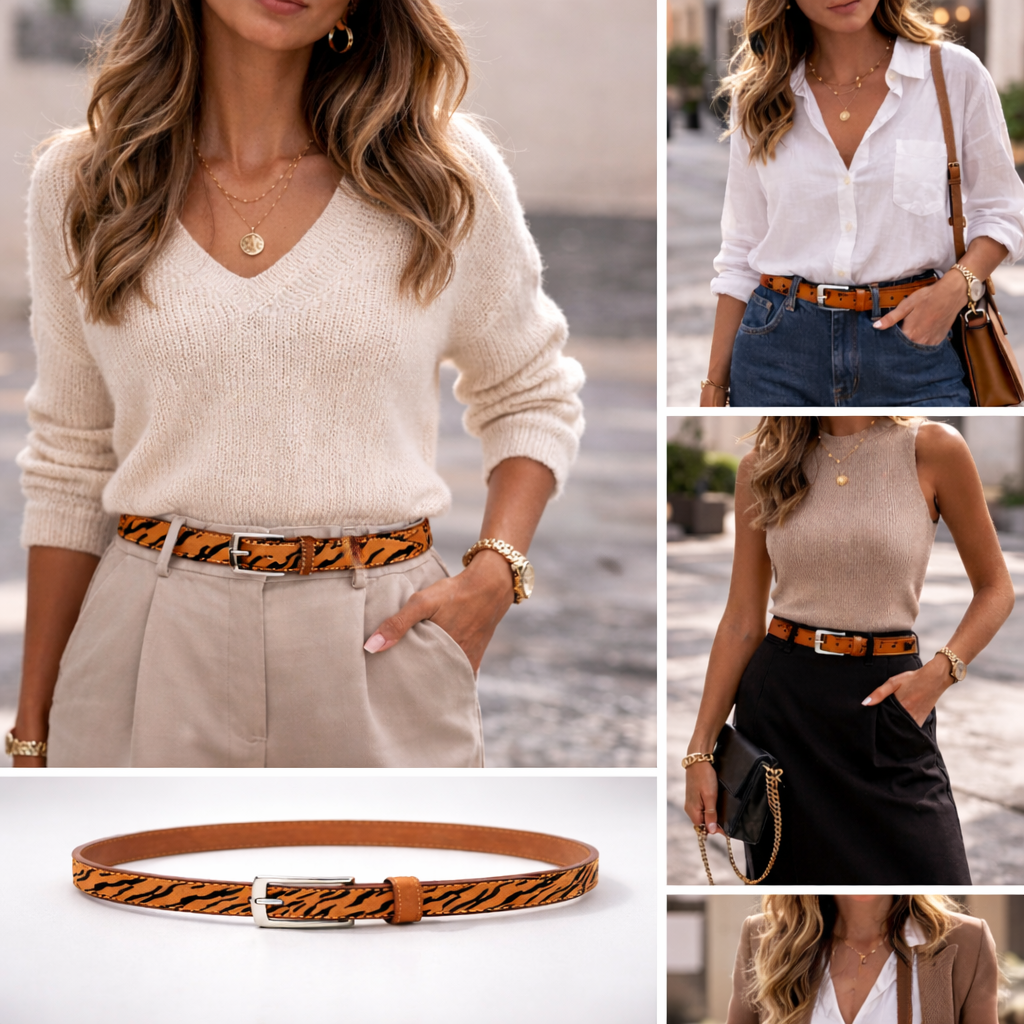 Women’s Tiger Print Leather Belt Tan Animal Pattern Gold Buckle Waist Belt