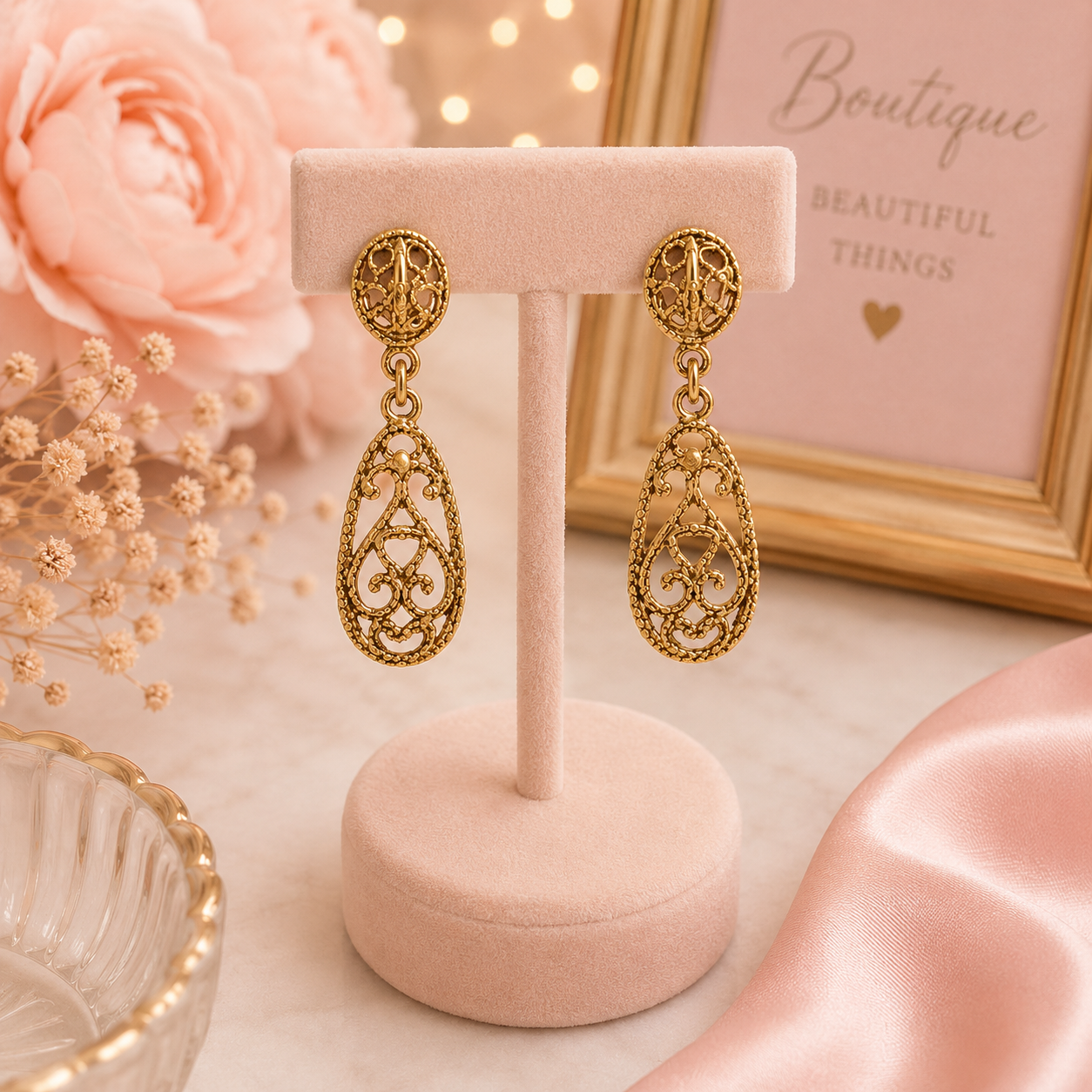 Vintage Gold Filigree Drop Earrings