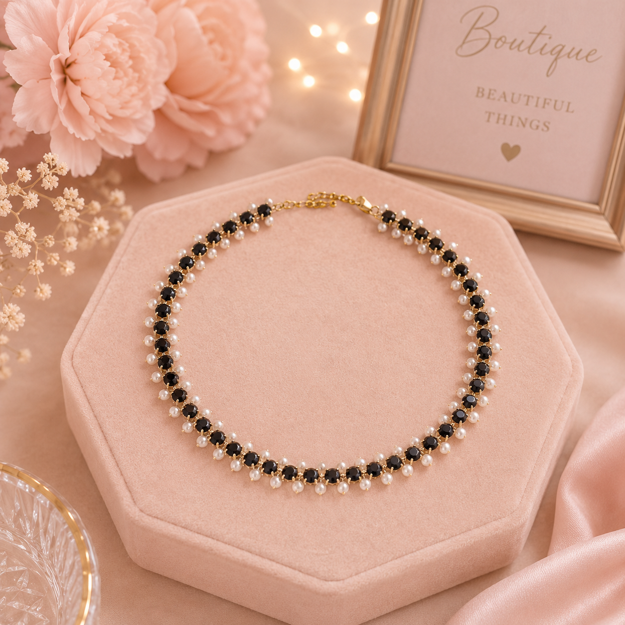 Faux-Pearl & Black Bead Necklace with Gold Tone Accents