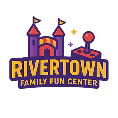 RiverTown Family Fun Center logo in gold text with purple, red, and yellow bounce house and arcade joystick in the background