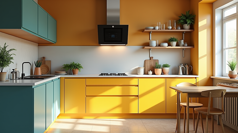 Eye-level view of a beautifully painted kitchen with modern decor