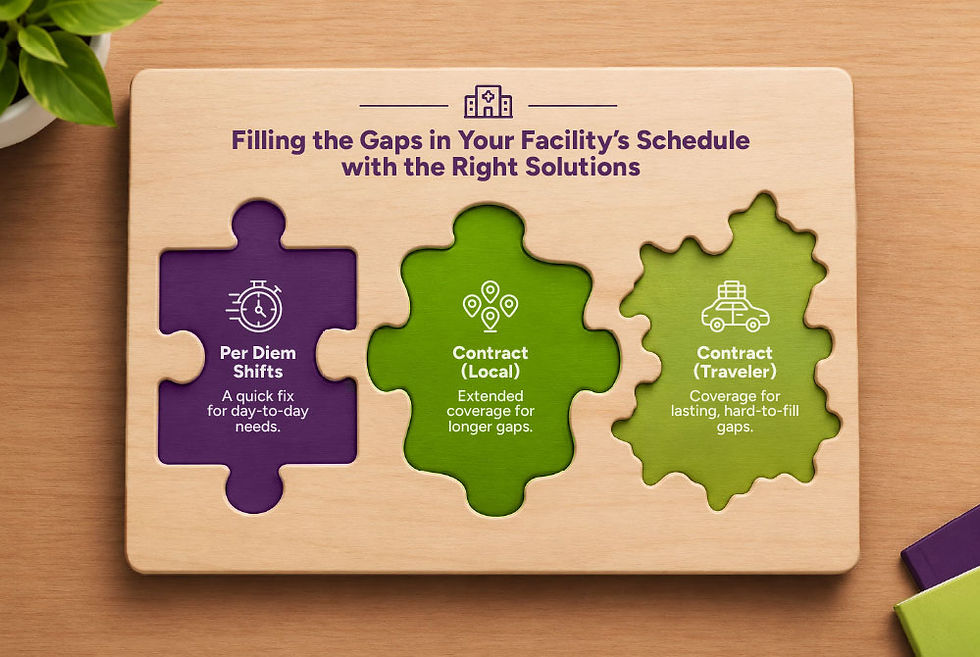 Wooden puzzle board titled "Filling the Gaps in Your Facility's Schedule with the Right Solutions." Three cutouts hold matching pieces: Per Diem Shifts, a quick fix for day-to-day needs; Contract (Local), extended coverage for longer gaps; and Contract (Traveler), coverage for lasting, hard-to-fill gaps.