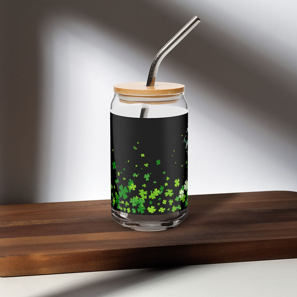 muliple green clovers with black background on can shaped glass