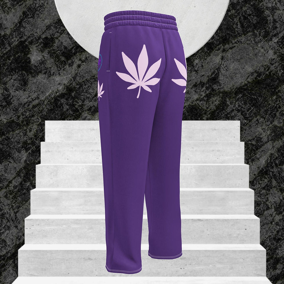 purple pants with pink cannabis leaf on front top and lower leg. 2 on the back side