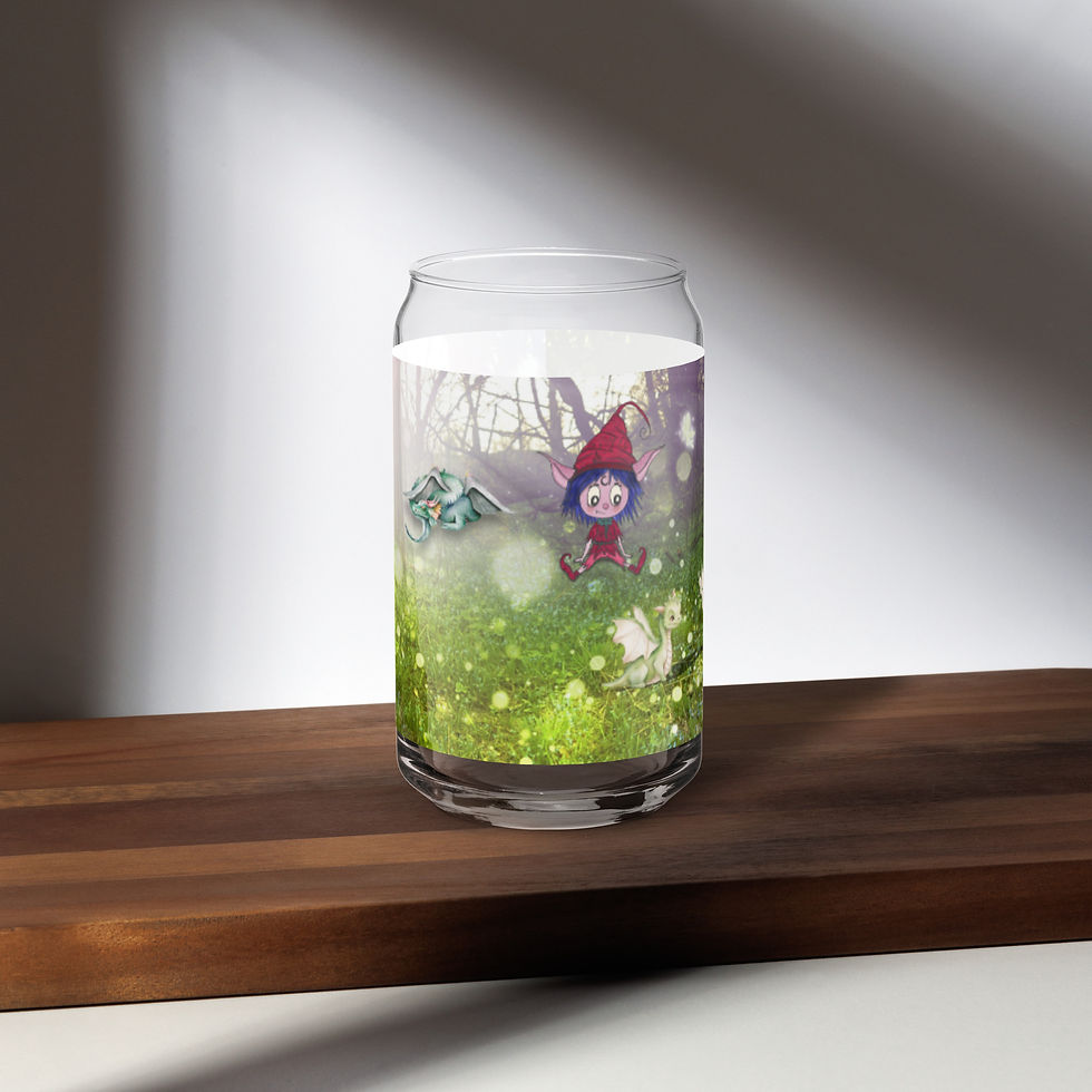 mythical scene with an elf dragons and pixies on a can shaped glass