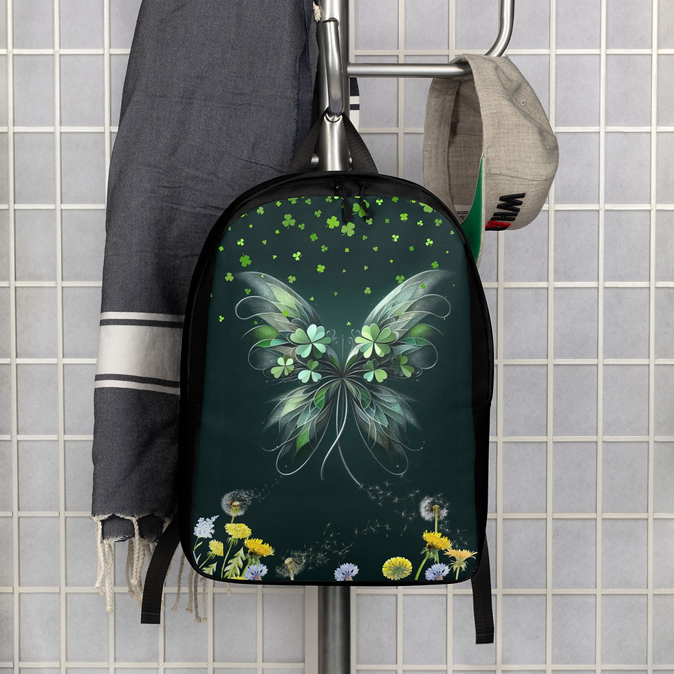 black background with green butterfly and green clovers at top and flower on the bottom
