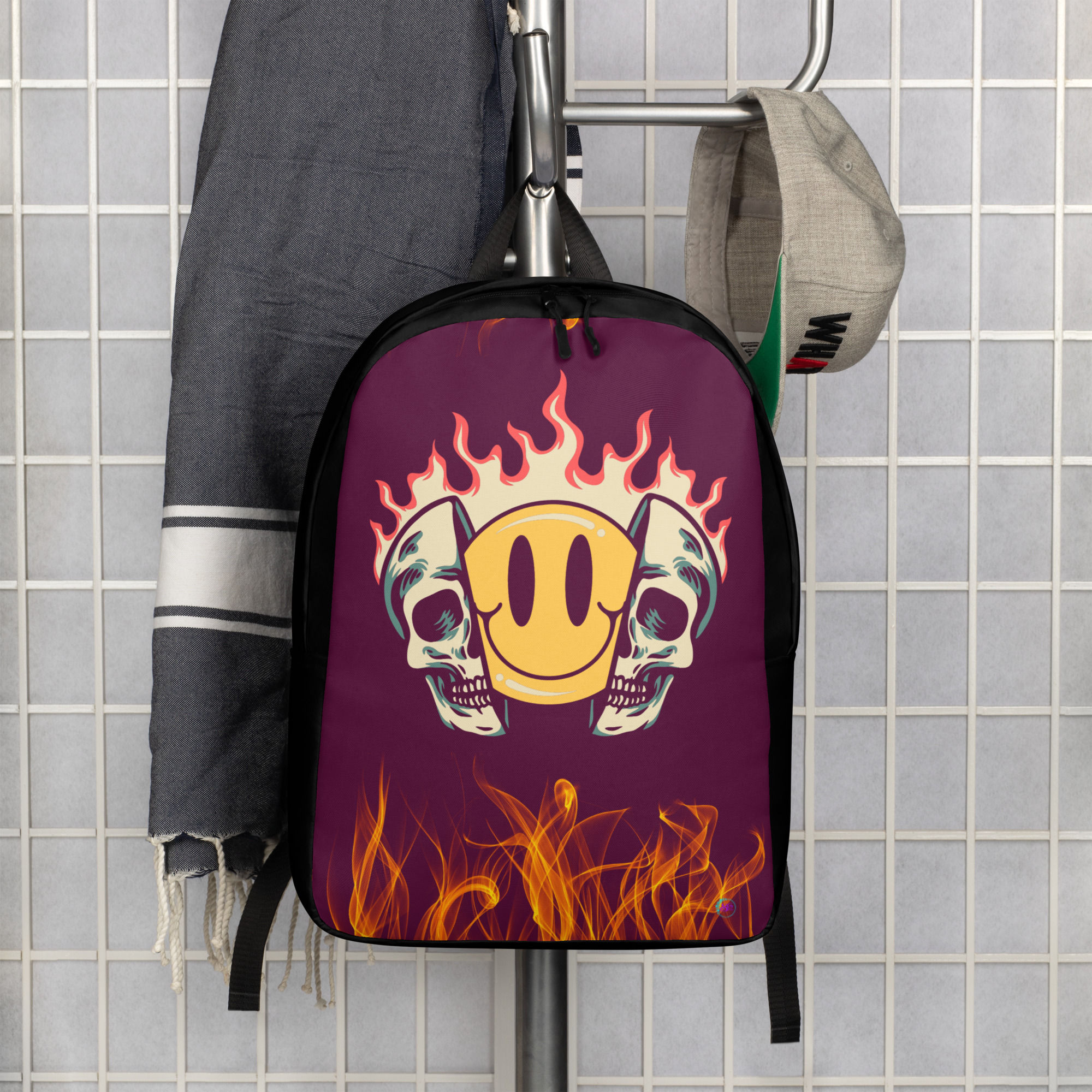 happy face split a skull in half with flames