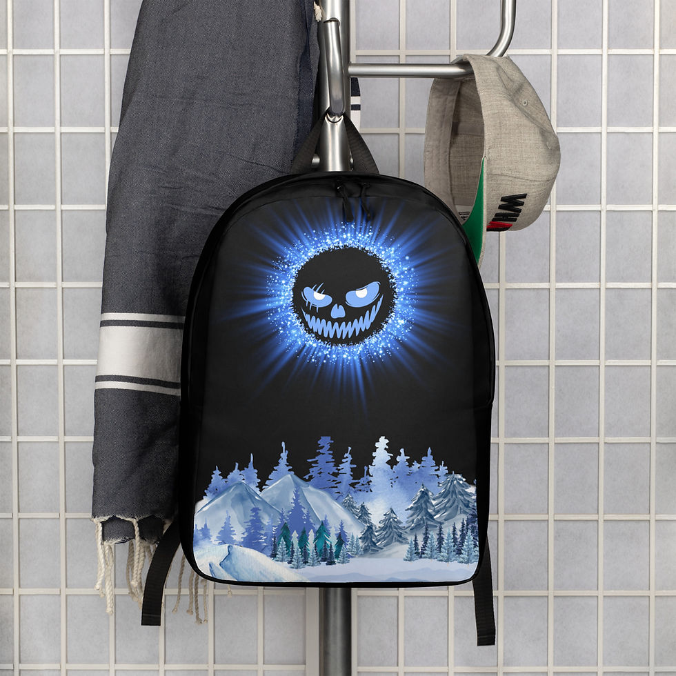 black backpack with a blue face sun looking at a snowy mountain scene