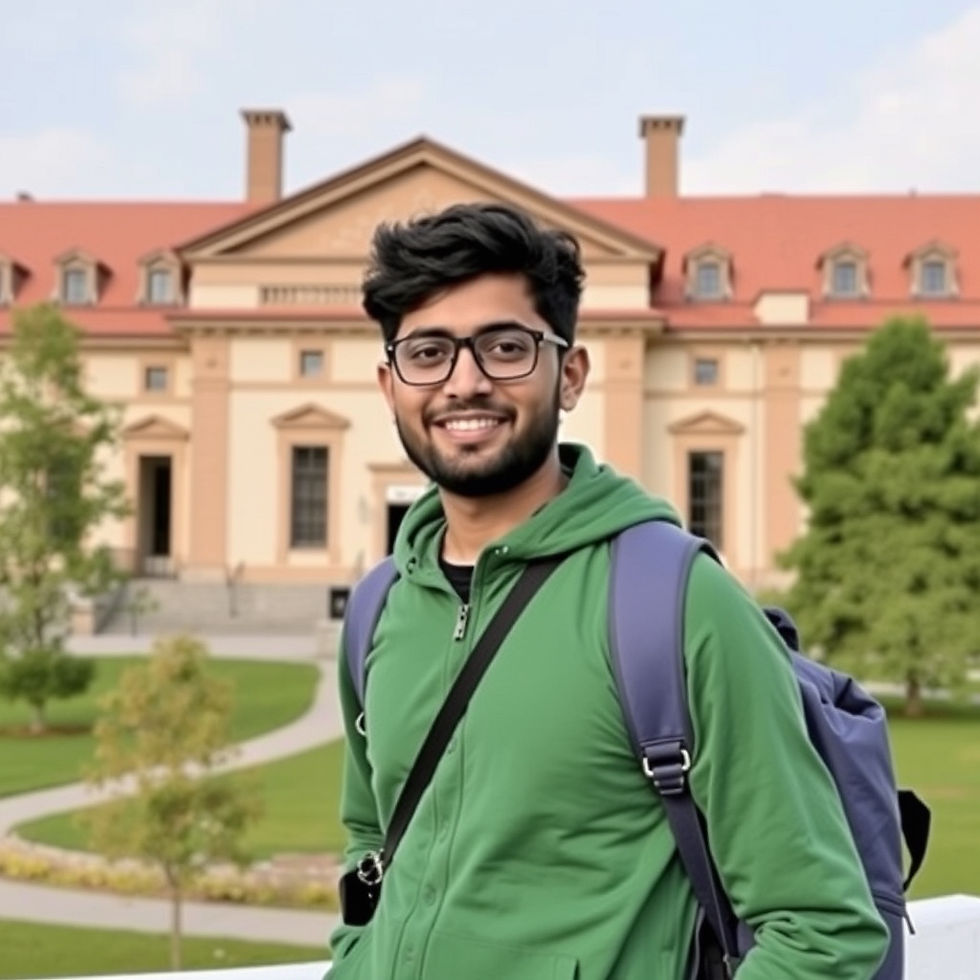 Smiling man in a green hoodie and glasses stands outdoors with a building and trees in the background. He carries a backpack.