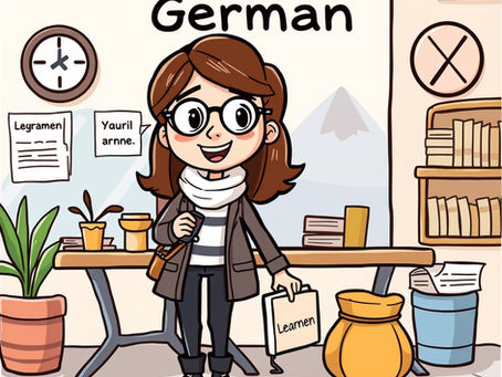 A blond woman telling to learn German 