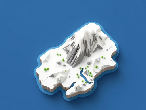 3D map of a snowy mountain island with green trees and blue lakes on a solid blue background New Foundland and Labrador