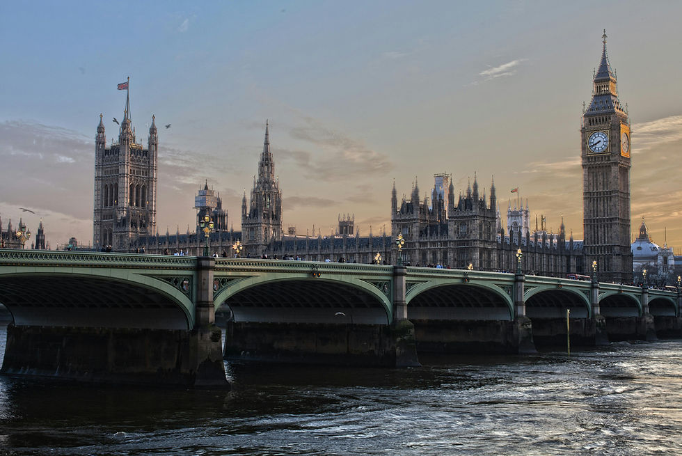 London's Big Ben and the Houses of Parliament seen from across the River Thames during sunset.