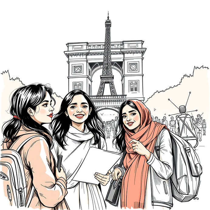 Three smiling women with backpacks pose in front of the Arc de Triomphe and Eiffel Tower, holding a map.