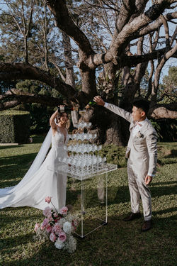 Braeside Estate | Gold Coast Wedding | Bubble Over Champagne Tower | Vintage Glasses | Clear Stand