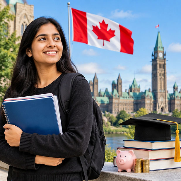 An Indian student stands confidently with her books in front of the iconic Parliament Hill in Canada, symbolizing educational aspirations and opportunities abroad.