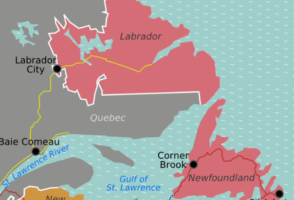 Map of Atlantic Provinces showing Labrador, Newfoundland, Nova Scotia, New Brunswick, PEI and cities on a teal ocean background.