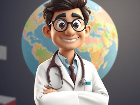 Animated doctor with glasses and stethoscope smiles confidently, standing before a colorful world map, wearing a white coat.