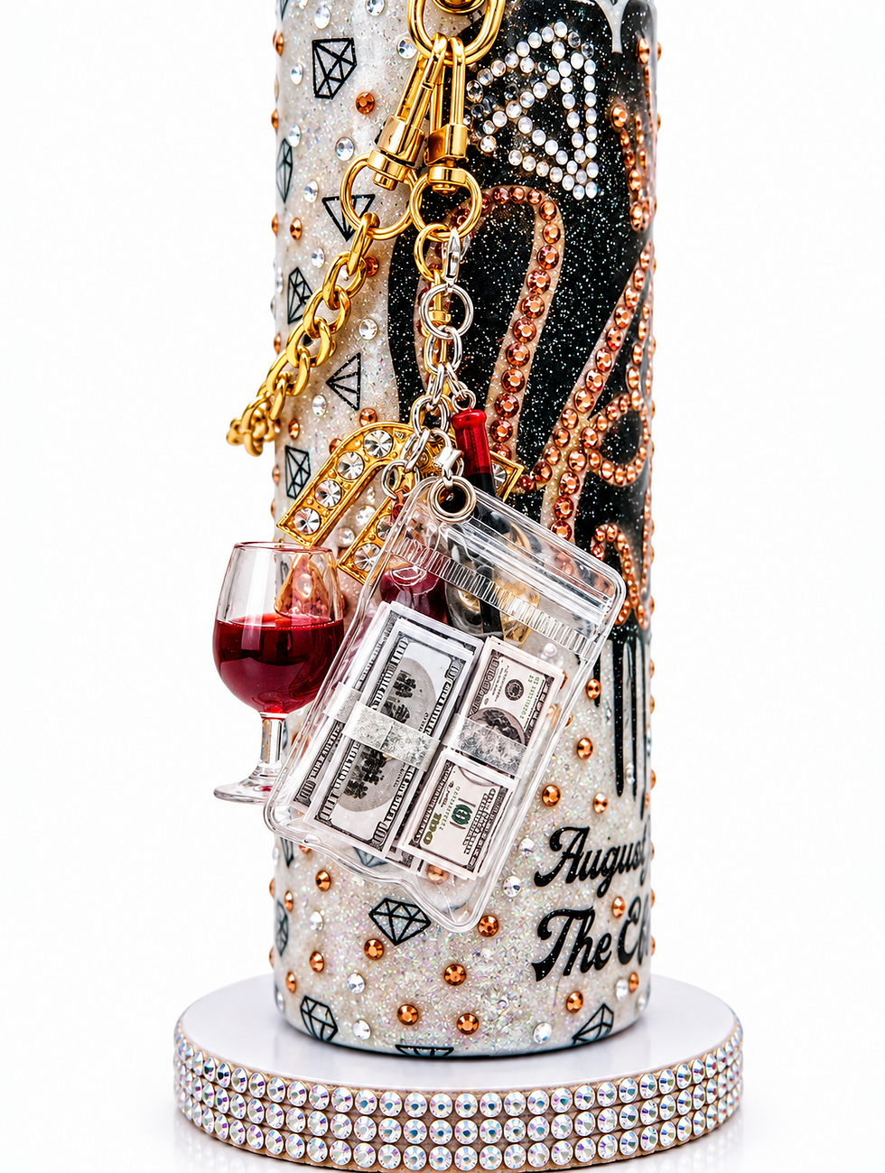 Back view of Virgo Zodiac Queen tumbler with gold chain and charms