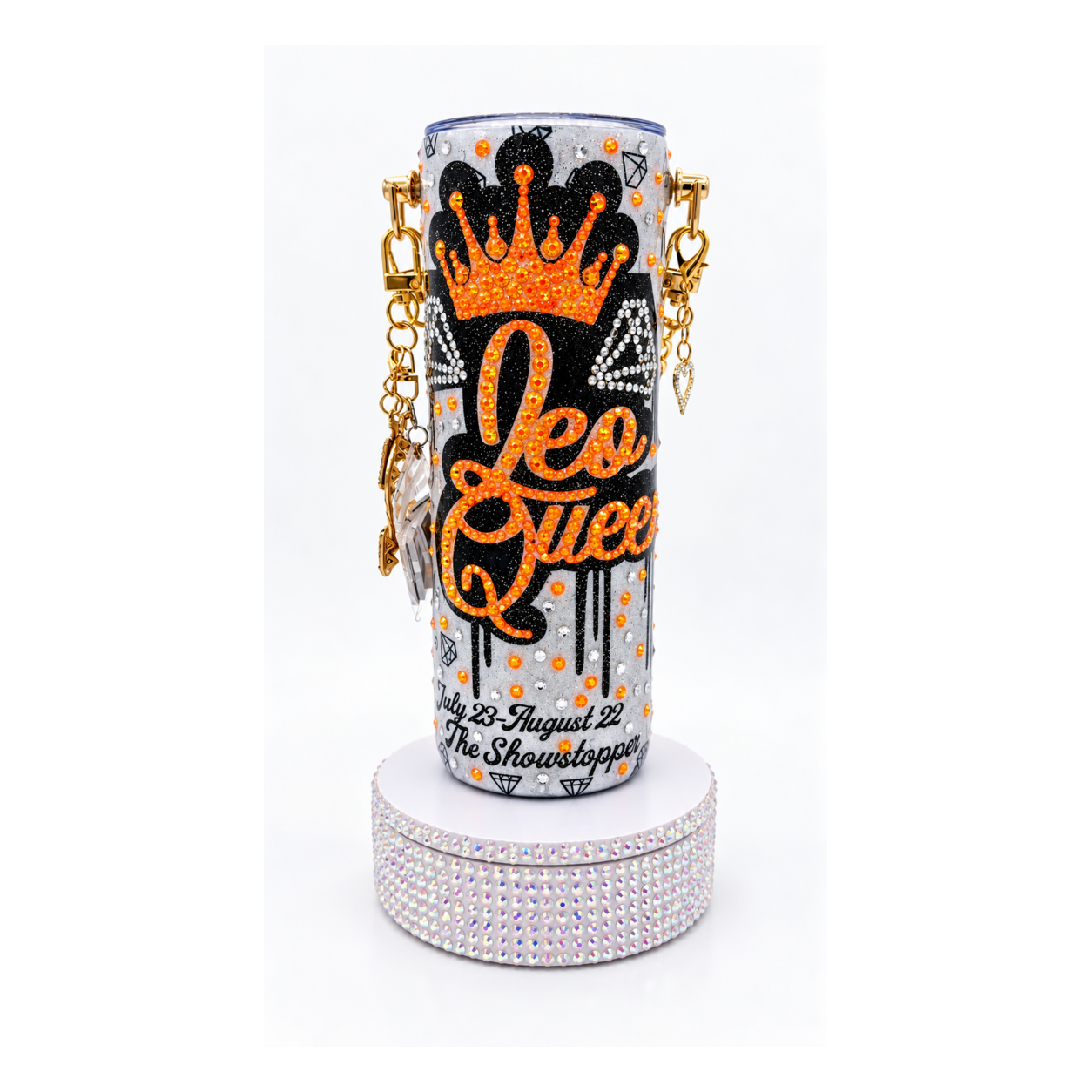 Leo Zodiac Queen 20 oz rhinestone tumbler on white background