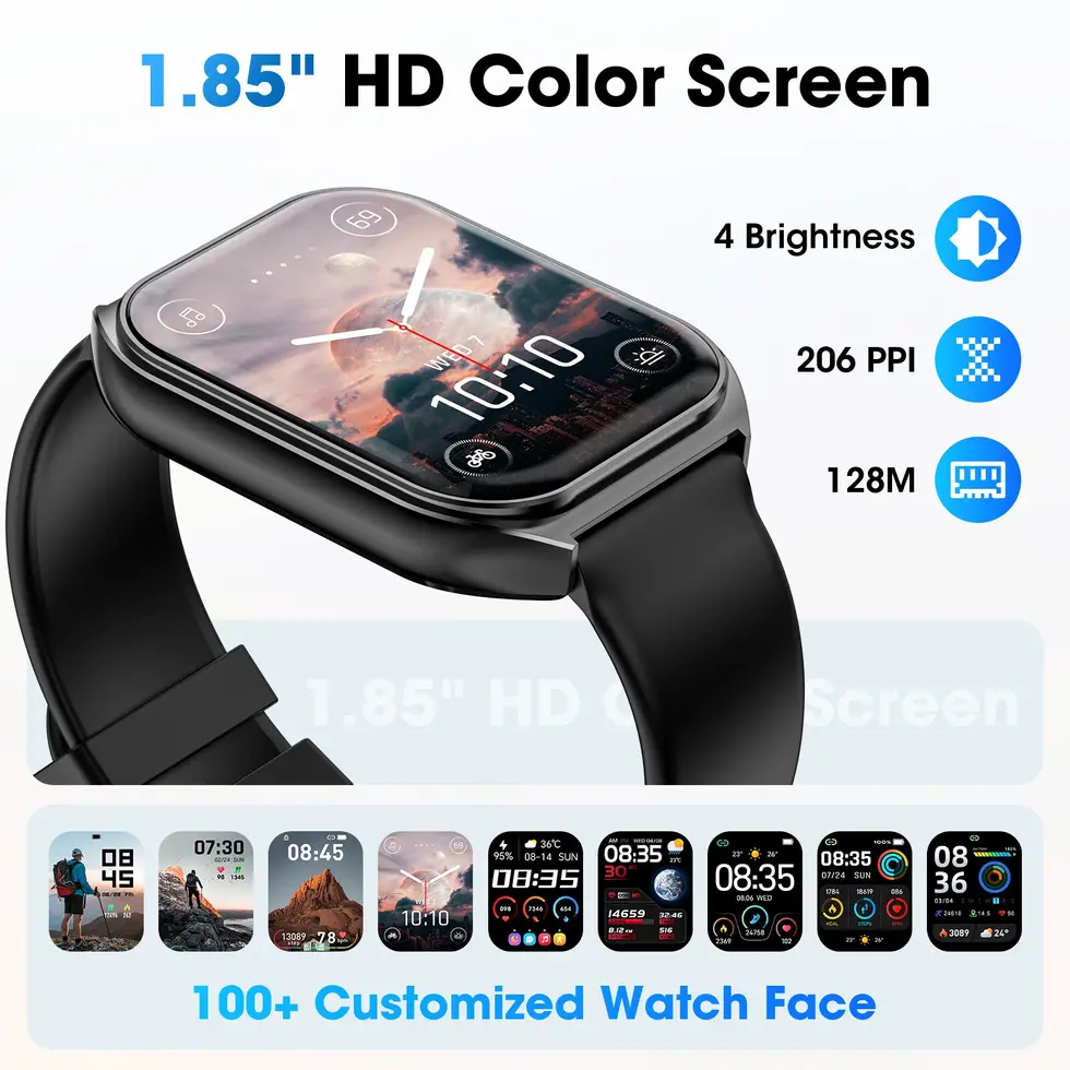 Smartwatch with 1.85" HD color screen, 100+ customized watch faces, Vescar.
