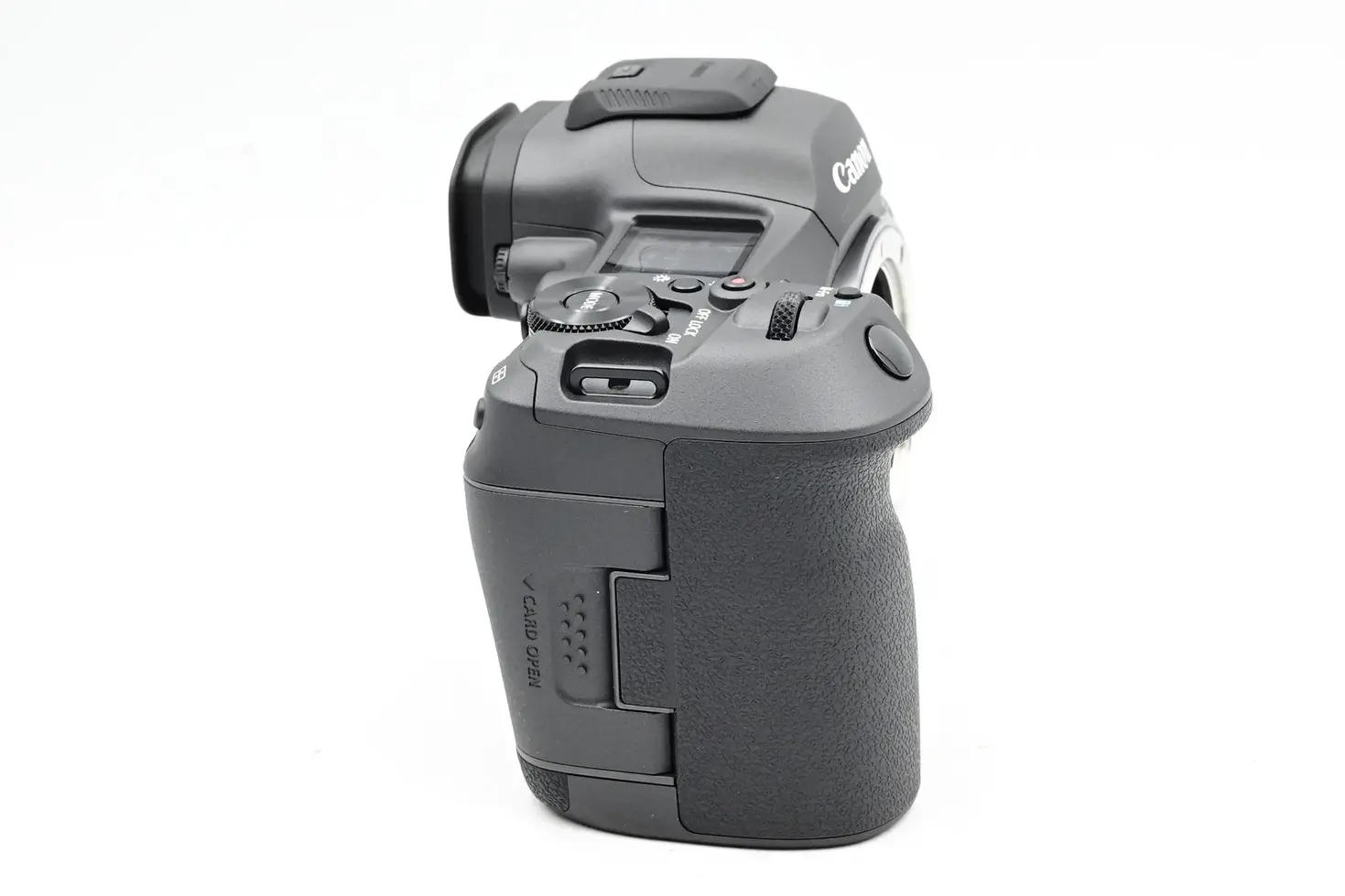 Professional camera angled on side, with Canon branding, isolated on white background.