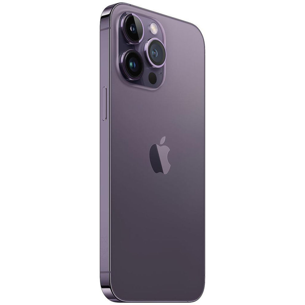 Purple iPhone 14 Pro mobile phone. Triple lens camera. Apple logo visible.