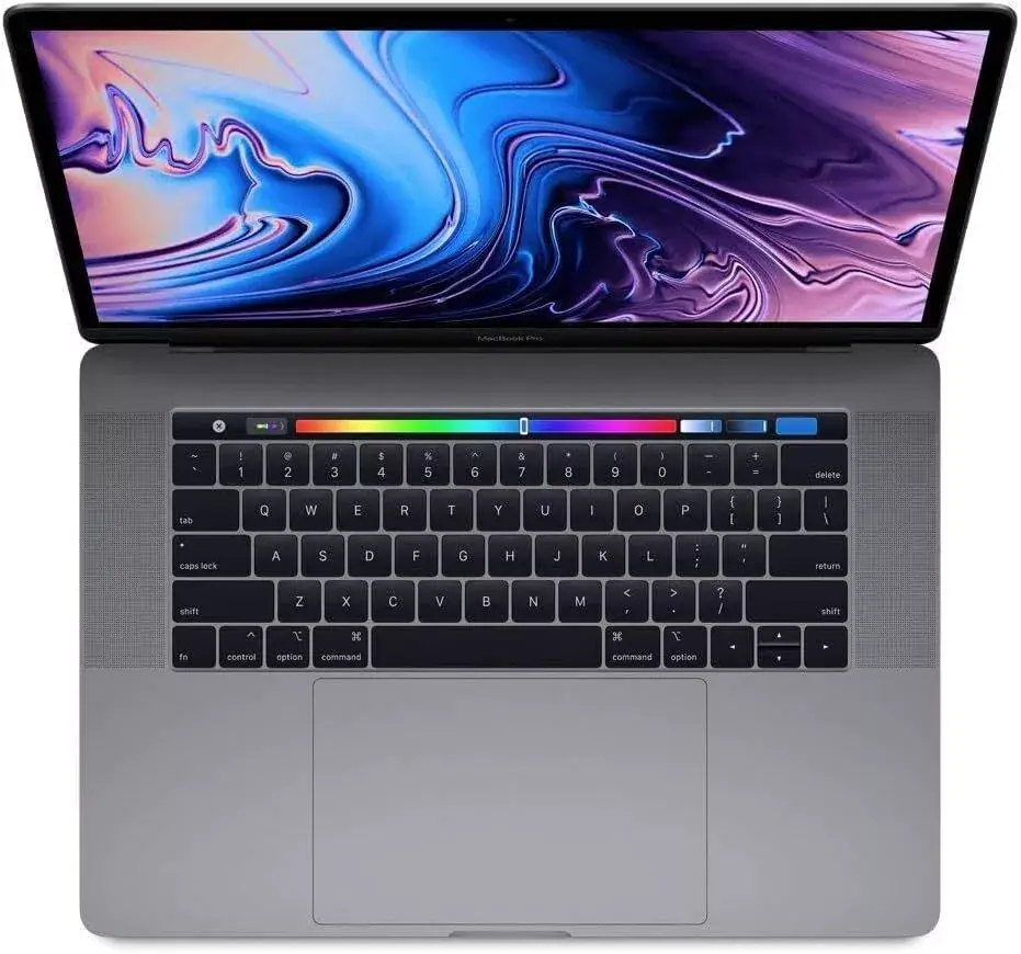 Top view of a laptop with its screen displaying colorful graphics.