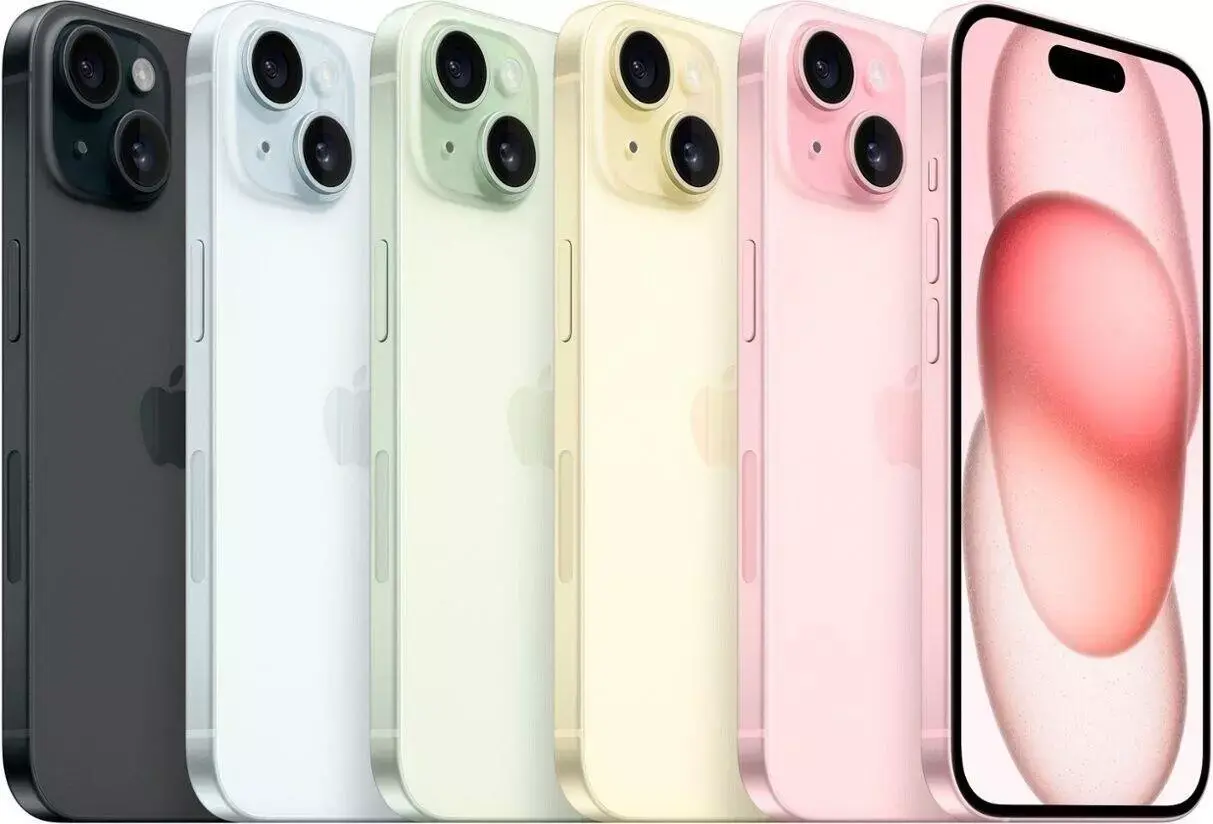 Four colorful iPhone 14 models on display, showcasing design and features.