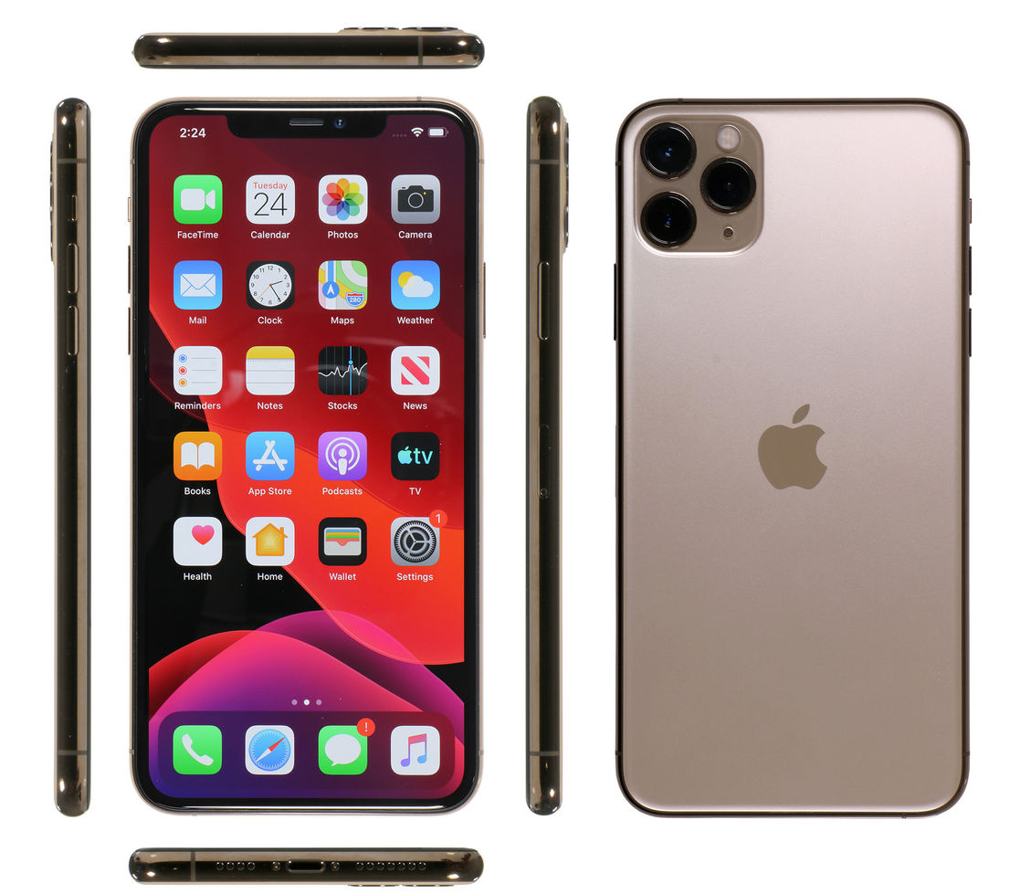 Apple iPhone 11 Pro, front and back views, with apps visible in detail.