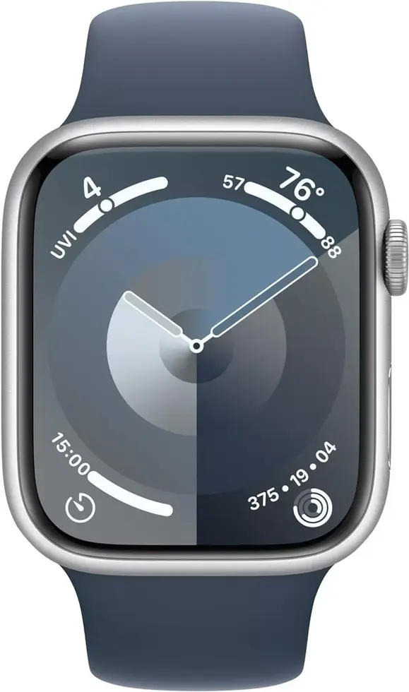 Apple Watch displaying UVI, temperature 76 degrees, and the time 15:00 Vescar