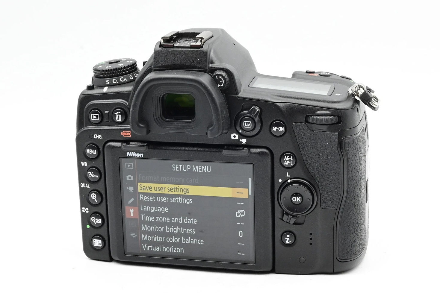 Back of black Nikon camera showing menu options on screen