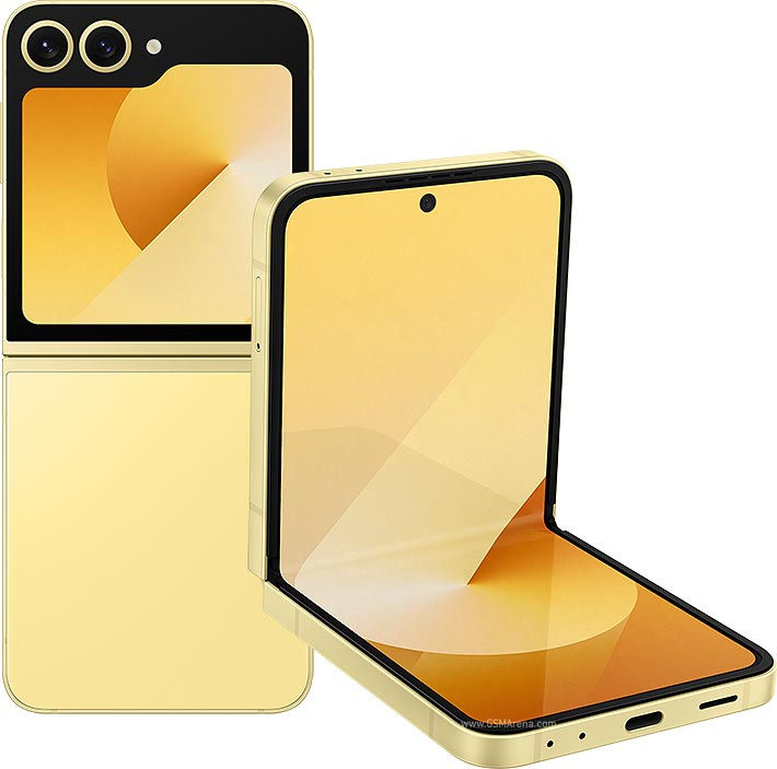 Yellow foldable smartphone showing open and closed views, Vescar.