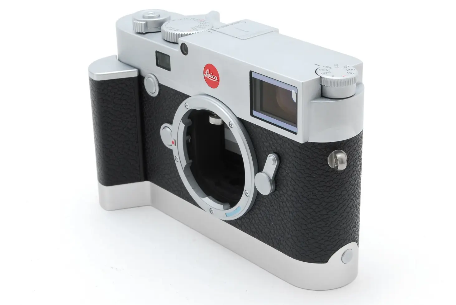 A silver and black Leica M10-D camera on a white background, photography