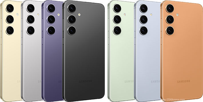 Four Samsung Galaxy phones in various colors showcasing their back design.